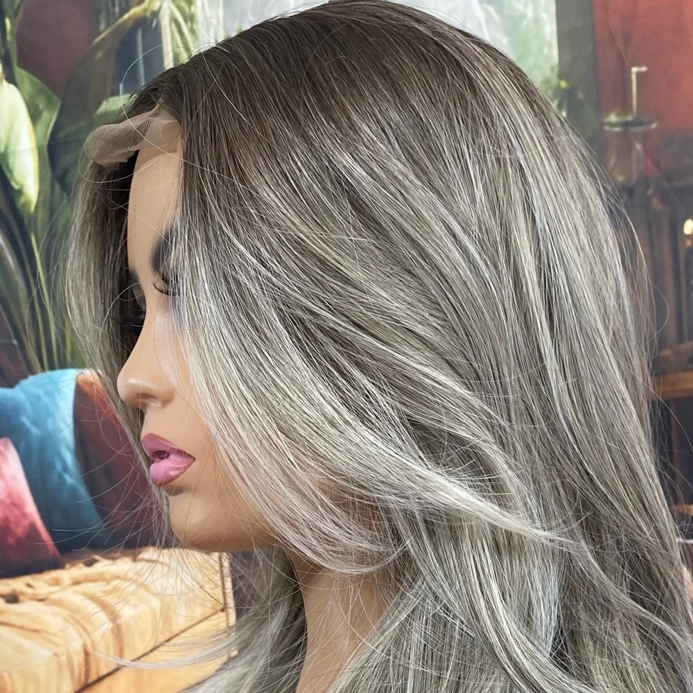 center lace grey white mixed layered wig